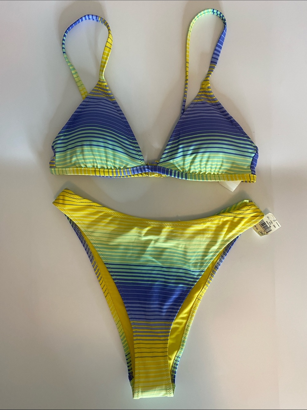 aerie Blue, Yellow and Green Striped Triangle Bikini Set XS
B1